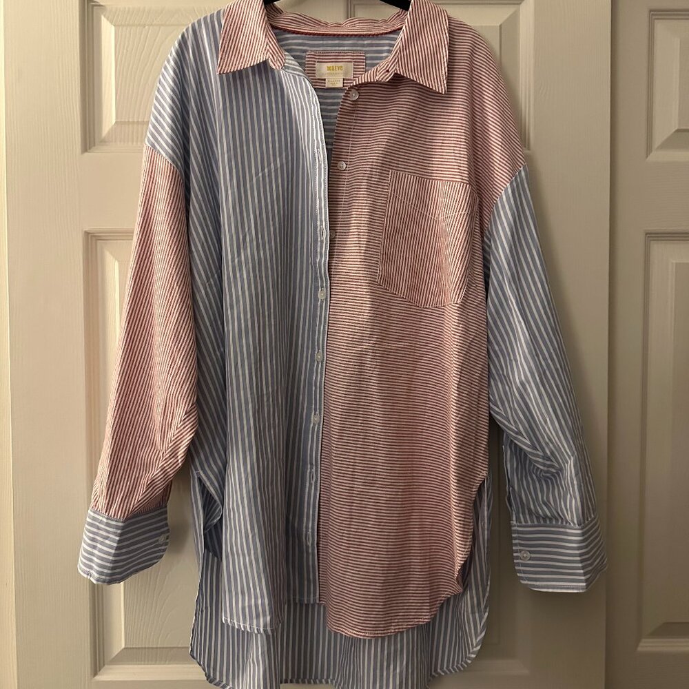 NEVER WORN Anthropologie Maeve Bennett Button Down Red / Blue Striped Over-sized